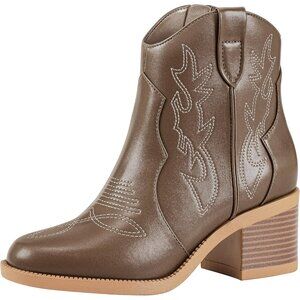 Women's Polyurethane Tan Embroidered Round Toe Short Ankle Chunky Heel Boots